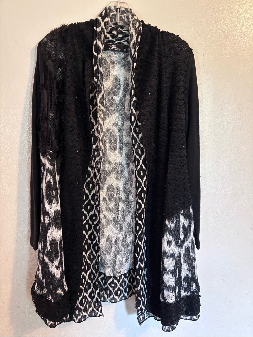NY Collection Black & White Open Drape Mixed-Pattern Cardigan